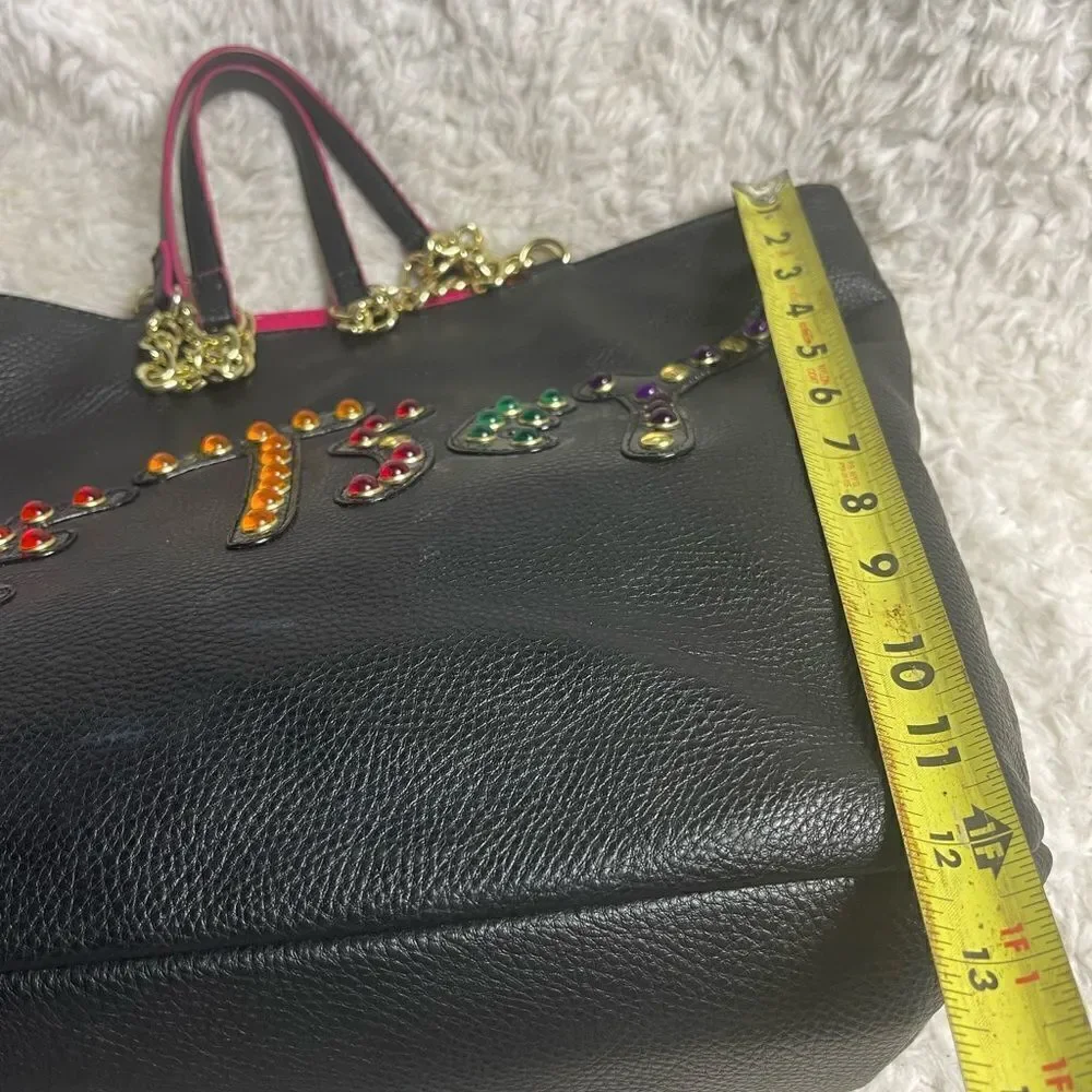 Betsey Johnson jewels large black synthetic leather tote gold tone chain straps